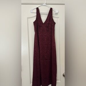 Burgundy Satin Midi Dress with floral pattern